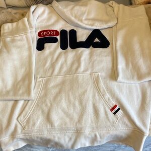 FILA White Hoodie with Navy Logo and Red Accent